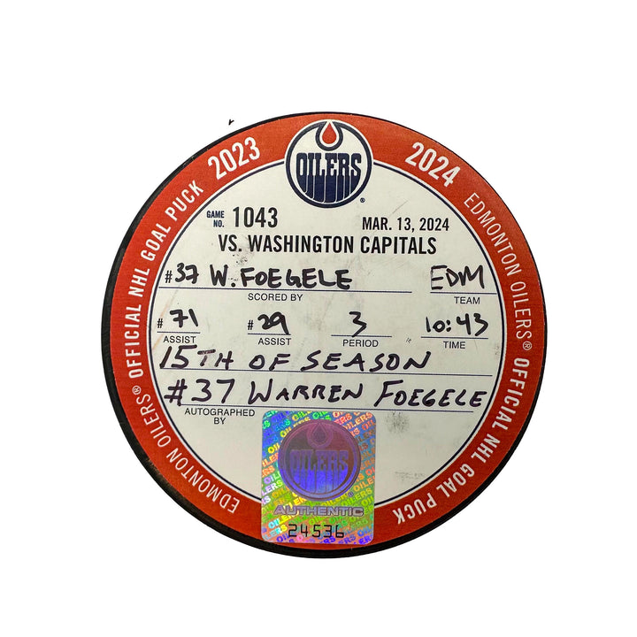 Warren Foegele Edmonton Oilers Autographed Goal Puck - Mar. 13/2024 vs Washington Capitals #24536