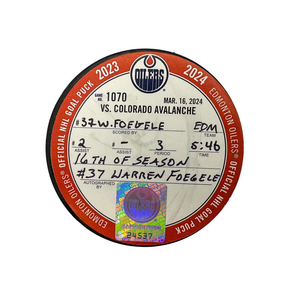 Warren Foegele Edmonton Oilers Autographed Goal Puck - Mar. 16/2024 vs Colorado Avalanche #24537