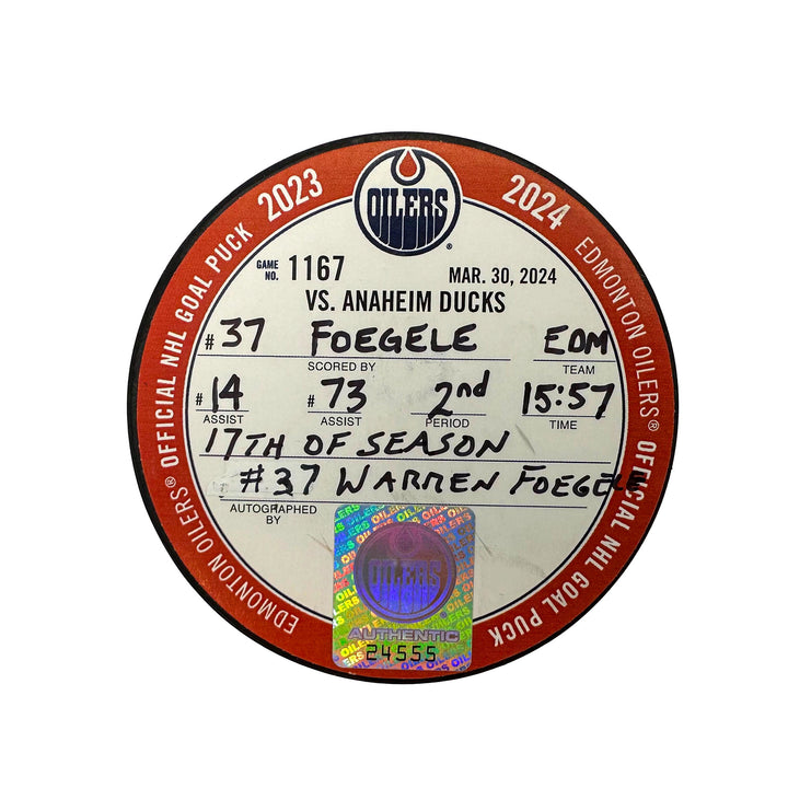 Warren Foegele Edmonton Oilers Autographed Goal Puck - Mar. 30/2024 vs Anaheim Ducks #24555