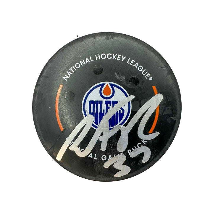 Warren Foegele Edmonton Oilers Autographed Goal Puck - Apr. 15/2024 vs San Jose Sharks #24569