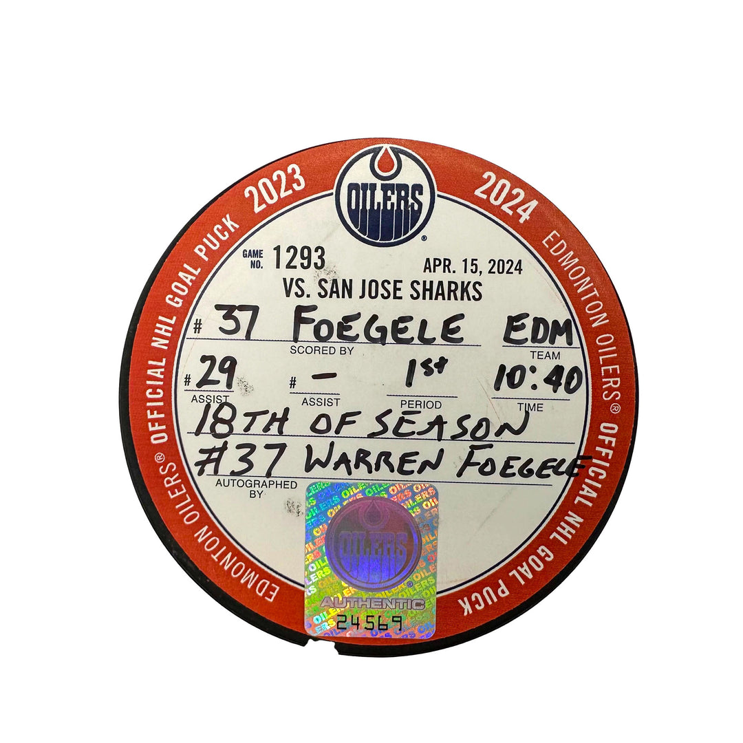 Warren Foegele Edmonton Oilers Autographed Goal Puck - Apr. 15/2024 vs San Jose Sharks #24569