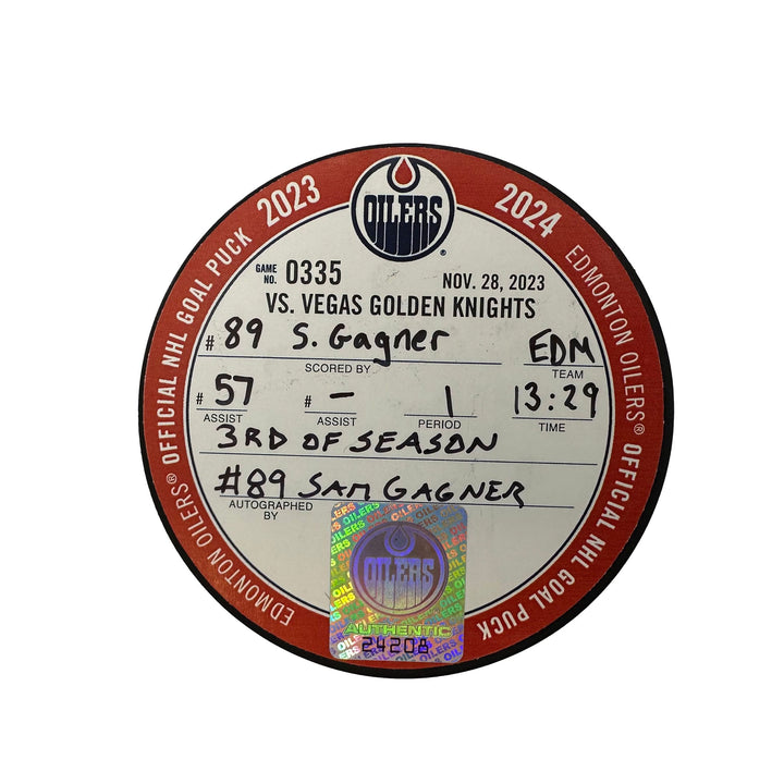 Sam Gagner Edmonton Oilers Autographed Goal Puck - Nov. 28/2023 vs Vegas Golden Knights #24208