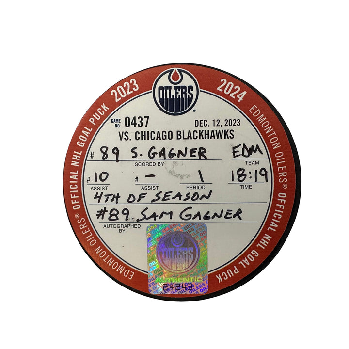 Sam Gagner Edmonton Oilers Autographed Goal Puck - Dec. 12/2023 vs Chicago Blackhawks #24243