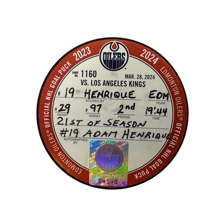 Adam Henrique Edmonton Oilers Autographed Goal Puck - Mar. 28/2024 vs Los Angeles Kings #24548