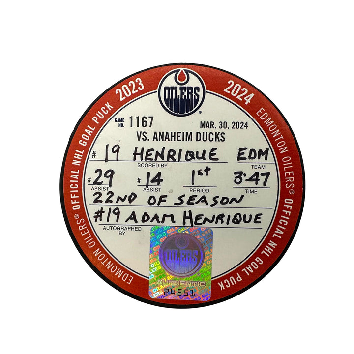 Adam Henrique Edmonton Oilers Autographed Goal Puck - Mar. 30/2024 vs Anaheim Ducks #24551