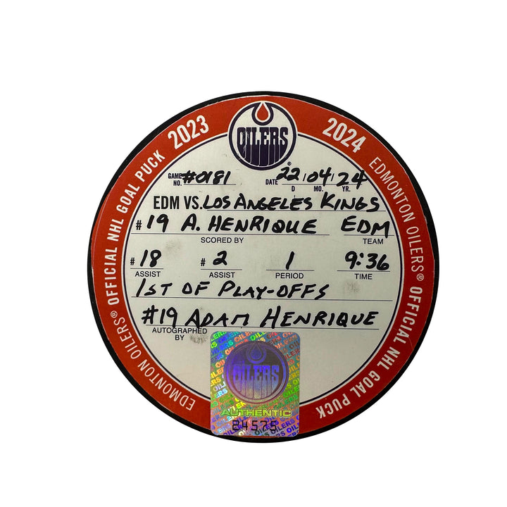 Adam Henrique Edmonton Oilers Autographed Playoff Goal Puck - Apr. 22/2024 vs Los Angeles Kings #24575