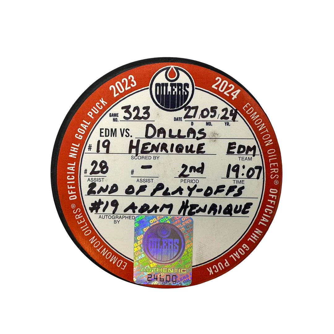 Adam Henrique Edmonton Oilers Autographed Playoff Goal Puck - May. 27/2024 vs Dallas Stars #24600