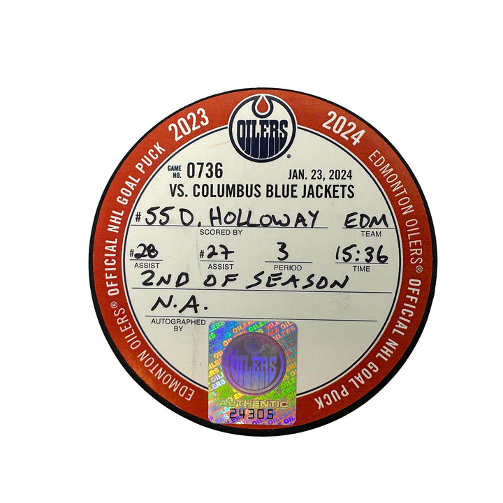 Dylan Holloway Edmonton Oilers Goal Puck - Jan. 23/2024 vs Columbus Blue Jackets #24305