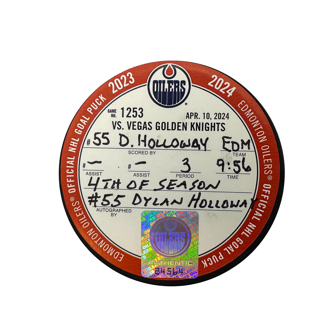 Dylan Holloway Edmonton Oilers Autographed Goal Puck - Apr. 10/2024 vs Vegas Golden Knights #24564