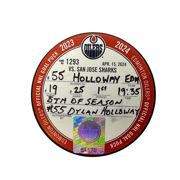 Dylan Holloway Edmonton Oilers Autographed Goal Puck - Apr. 15/2024 vs San Jose Sharks #24570