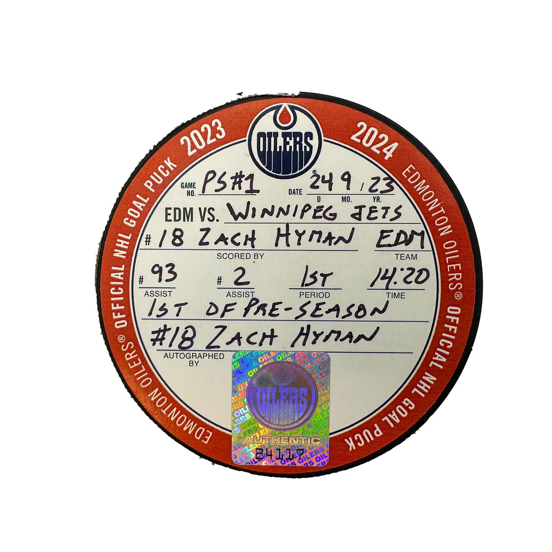 Zach Hyman Edmonton Oilers Autographed Preseason Goal Puck - Sept. 24/2023 vs Winnipeg Jets #24117