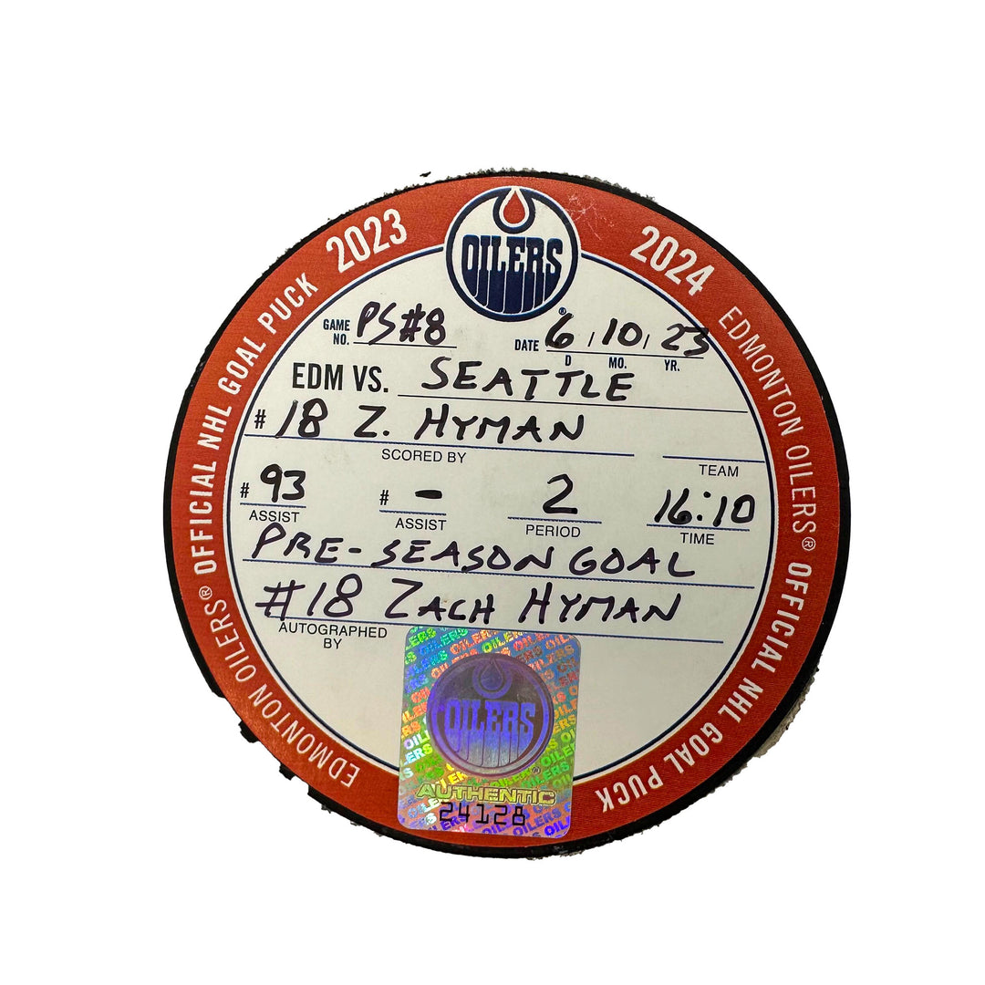 Zach Hyman Edmonton Oilers Preseason Goal Puck - Oct. 6/2023 vs Seattle Kraken #24128