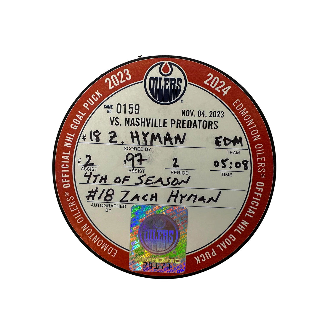 Zach Hyman Edmonton Oilers Autographed Goal Puck - Nov. 4/2023 vs Nashville Predators #24174