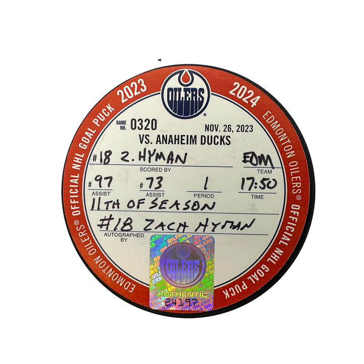 Zach Hyman Edmonton Oilers Autographed Goal Puck - Nov. 26/2023 vs Anaheim Ducks #24197