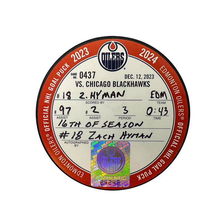 Zach Hyman Edmonton Oilers Autographed Goal Puck - Dec. 12/2023 vs Chicago Blackhawks #24245