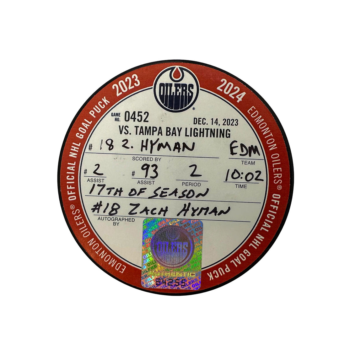 Zach Hyman Edmonton Oilers Autographed Goal Puck - Dec. 14/2023 vs Tampa Bay Lightning #24255