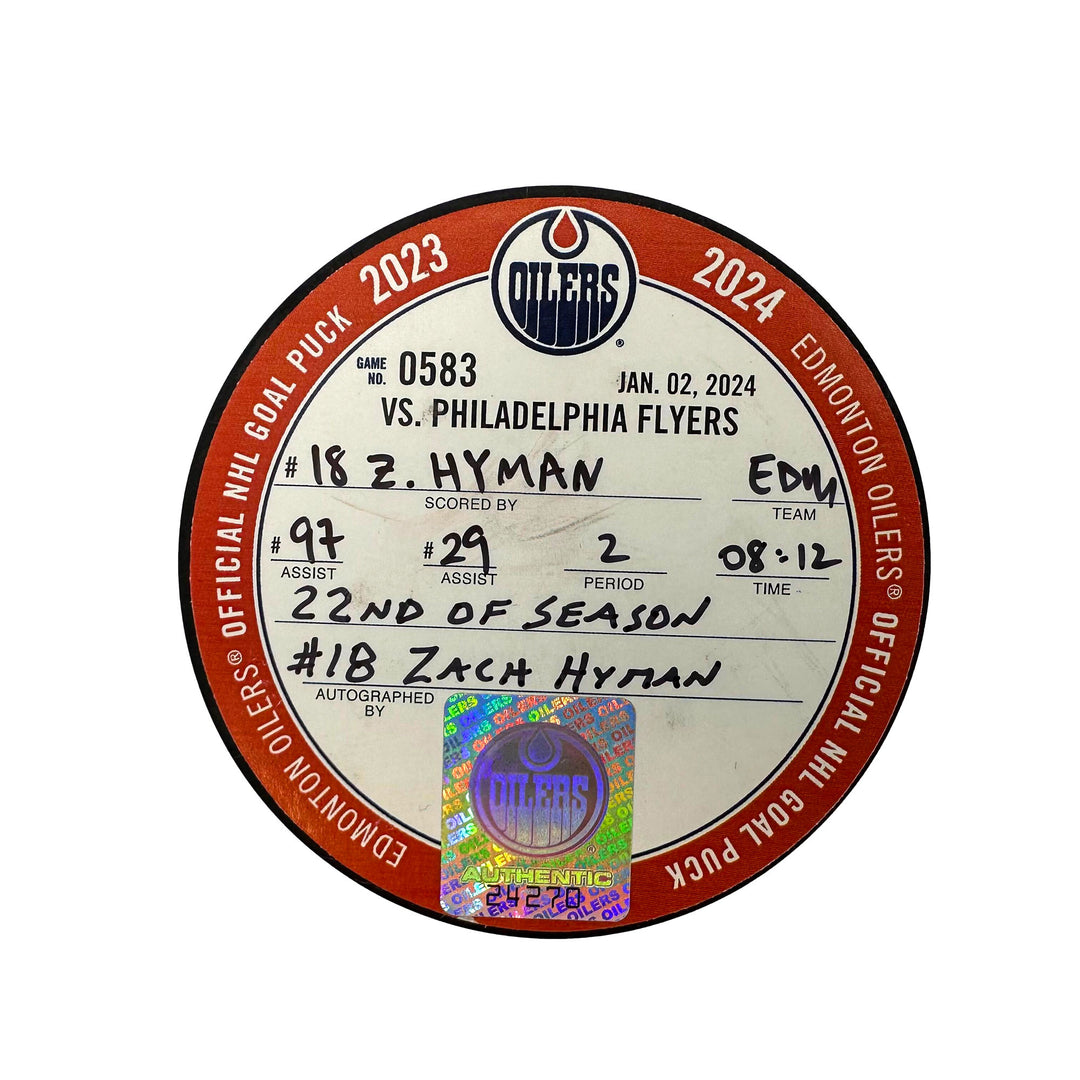 Zach Hyman Edmonton Oilers Autographed Goal Puck - Jan. 2/2024 vs Philadelphia Flyers #24270