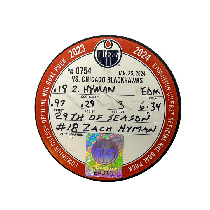 Zach Hyman Edmonton Oilers Autographed Goal Puck - Jan. 25/2024 vs Chicago Blackhawks #24311