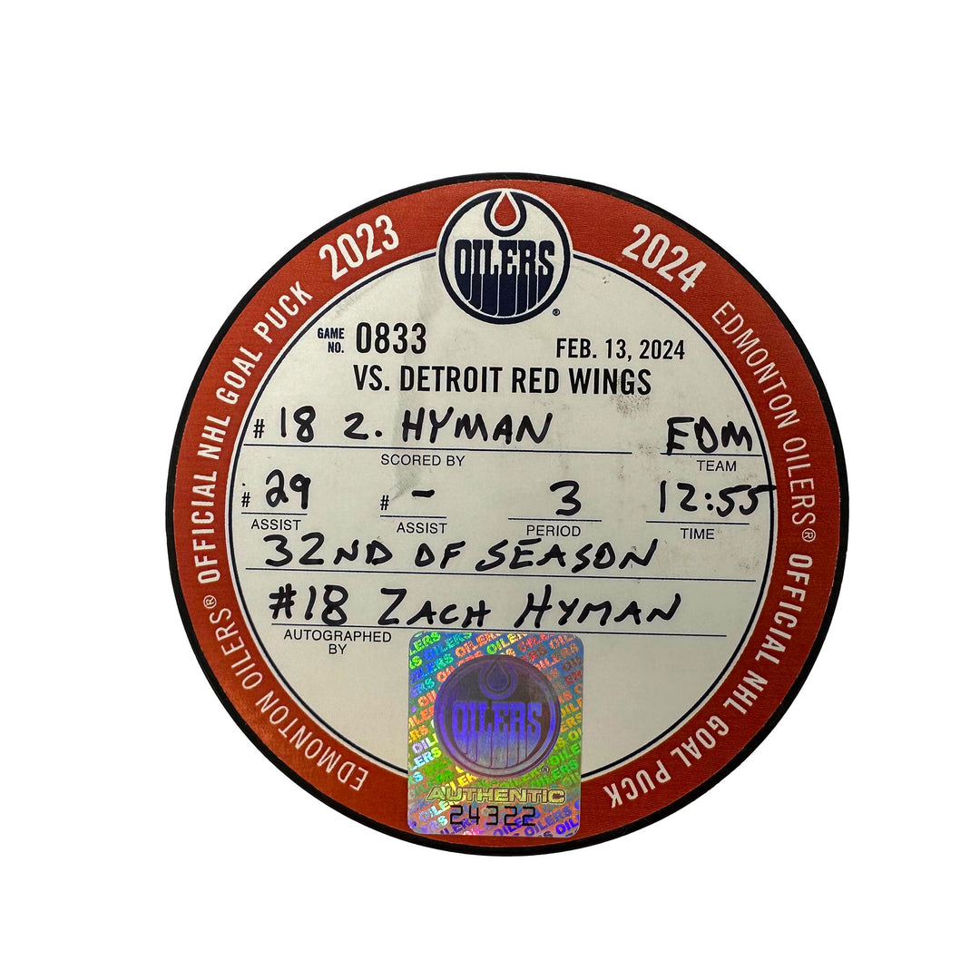 Zach Hyman Edmonton Oilers Autographed Goal Puck - Feb. 13/2024 vs Detroit Red Wings #24322