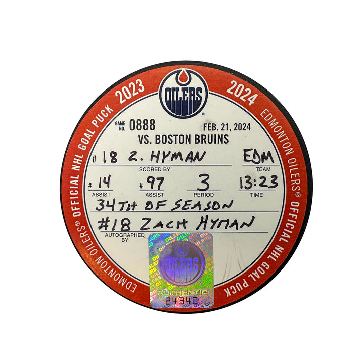 Zach Hyman Edmonton Oilers Autographed Goal Puck - Feb. 21/2024 vs Boston Bruins #24340