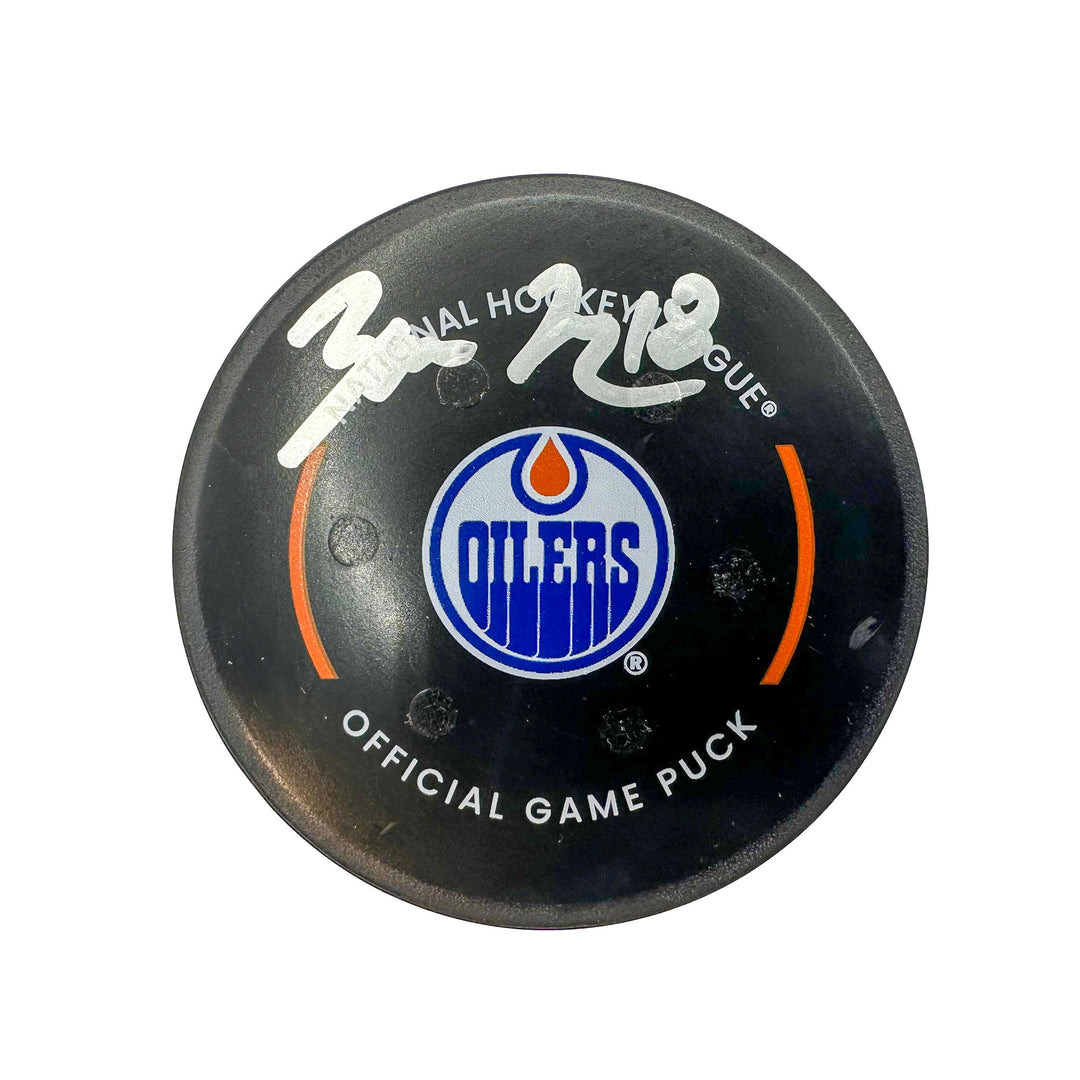 Zach Hyman Edmonton Oilers Autographed Goal Puck - Feb. 21/2024 vs Boston Bruins #24340