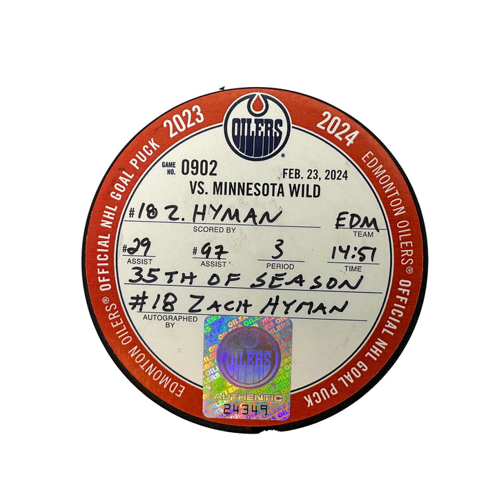 Zach Hyman Edmonton Oilers Autographed Goal Puck - Feb. 23/2024 vs Minnesota Wild #24349