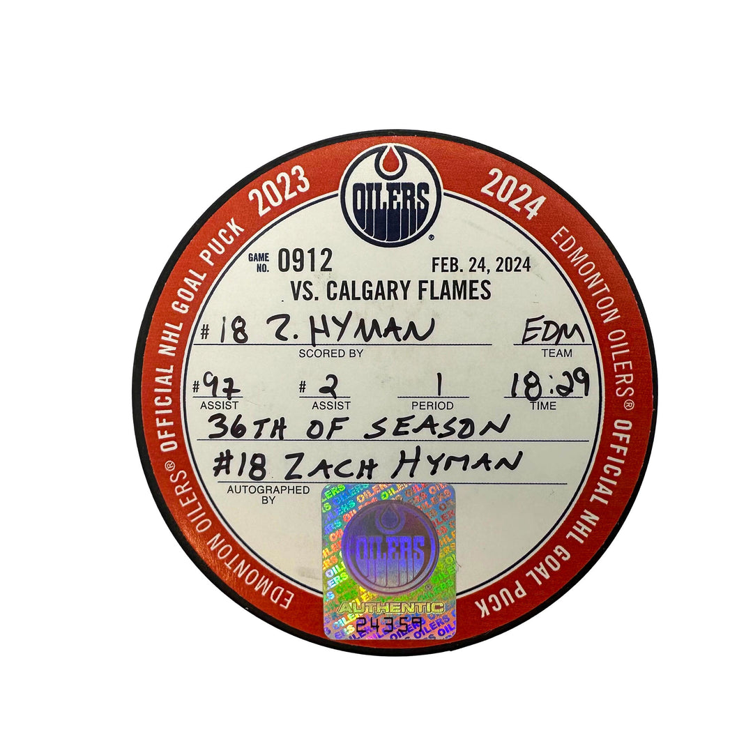 Zach Hyman Edmonton Oilers Autographed Goal Puck - Feb. 24/2024 vs Calgary Flames #24359