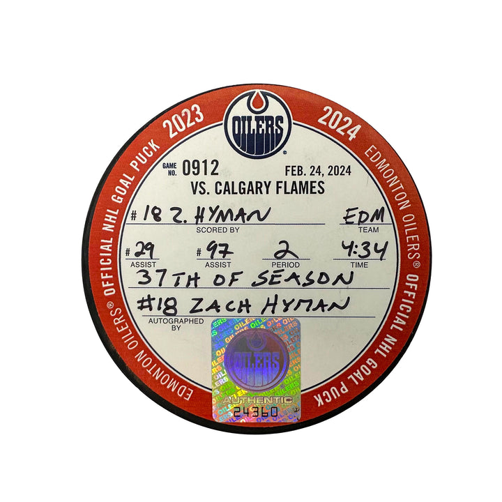 Zach Hyman Edmonton Oilers Autographed Goal Puck - Feb. 24/2024 vs Calgary Flames #24360