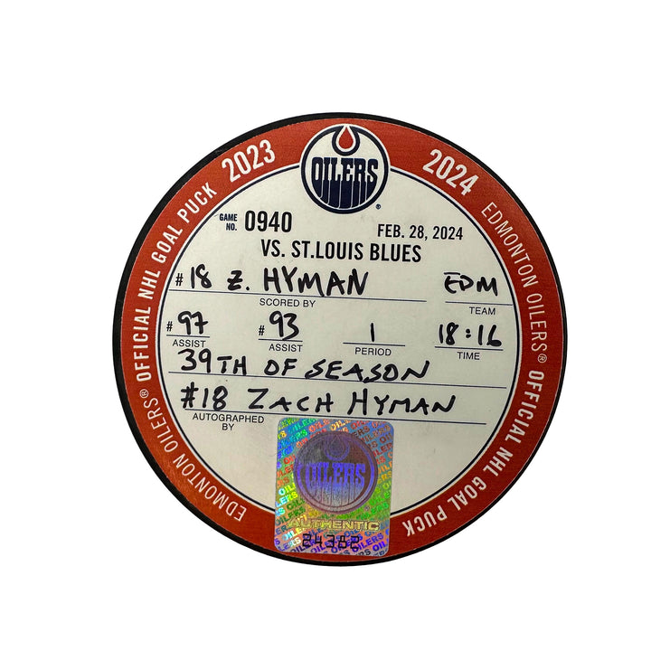 Zach Hyman Edmonton Oilers Autographed Goal Puck - Feb. 28/2024 vs St. Louis Blues #24382