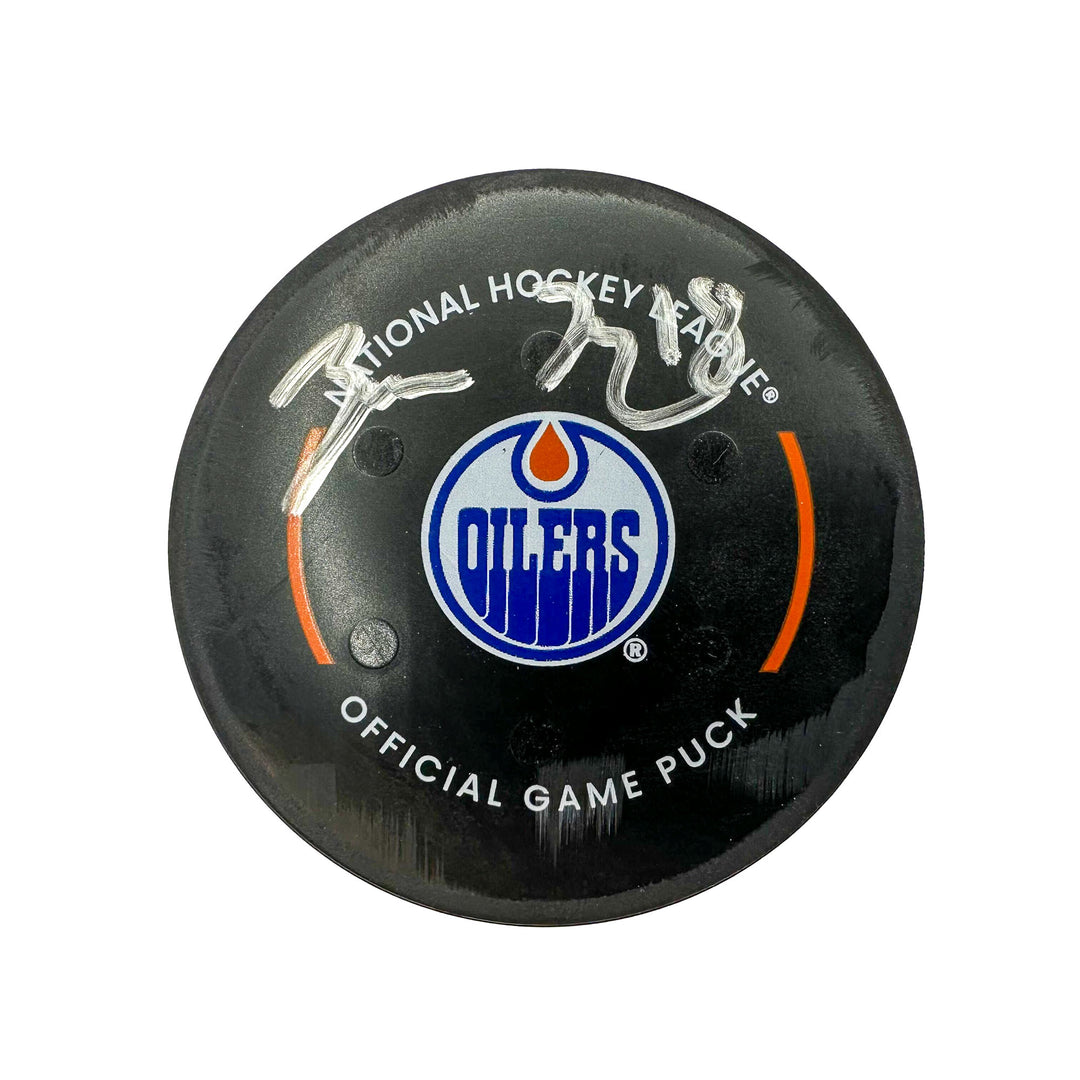 Zach Hyman Edmonton Oilers Autographed Goal Puck - Mar. 3/2024 vs Pittsburgh Penguins #24388