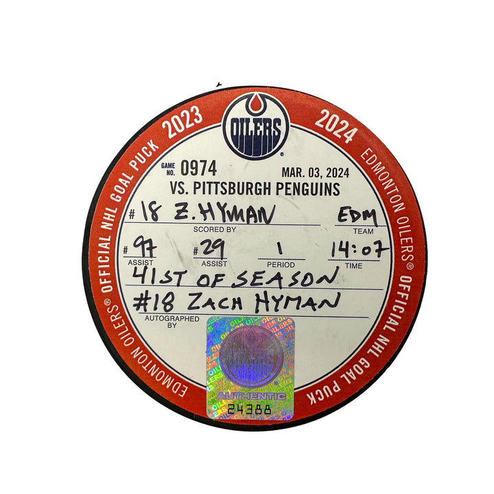 Zach Hyman Edmonton Oilers Autographed Goal Puck - Mar. 3/2024 vs Pittsburgh Penguins #24388