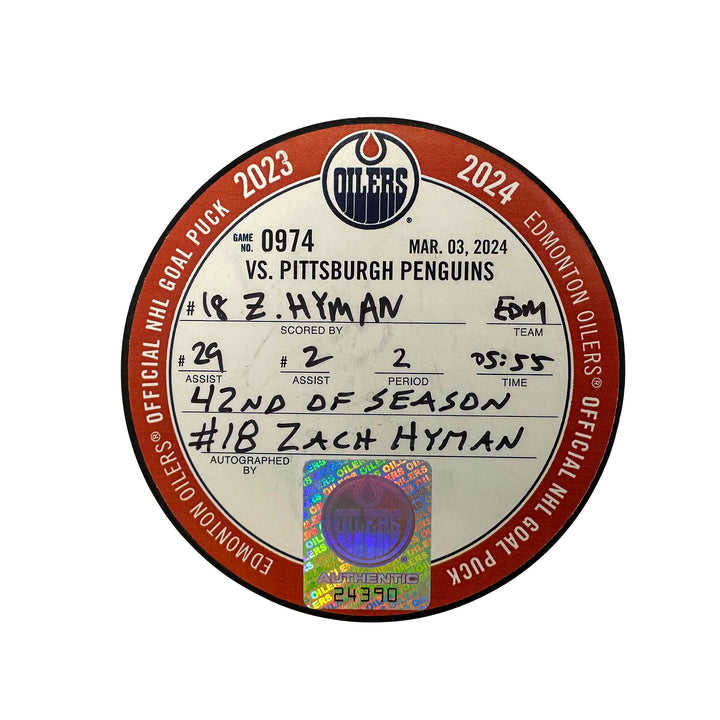 Zach Hyman Edmonton Oilers Autographed Goal Puck - Mar. 3/2024 vs Pittsburgh Penguins #24390