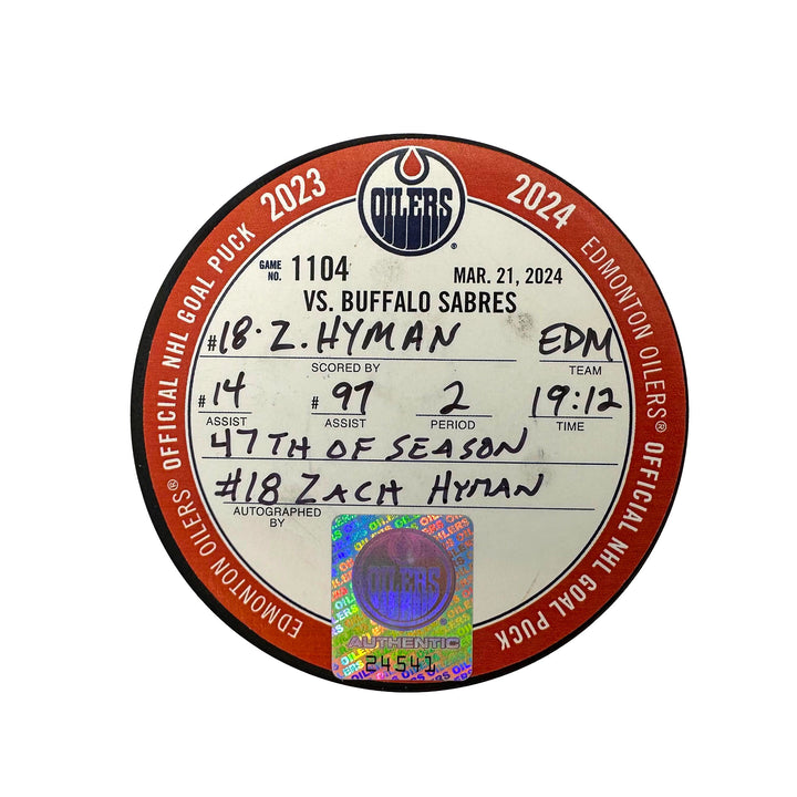 Zach Hyman Edmonton Oilers Autographed Goal Puck - Mar. 21/2024 vs Buffalo Sabres #24541