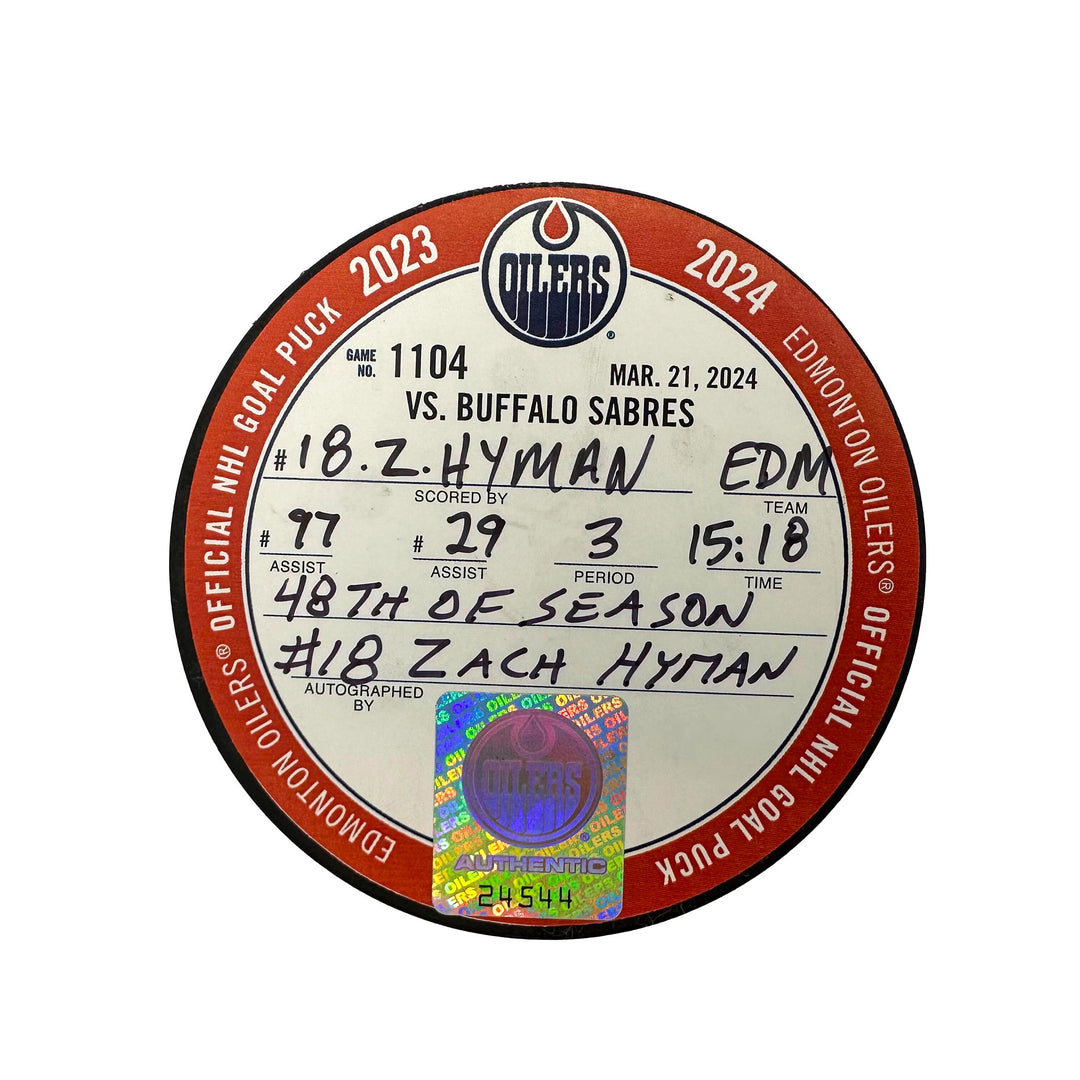 Zach Hyman Edmonton Oilers Autographed Goal Puck - Mar. 21/2024 vs Buffalo Sabres #24544