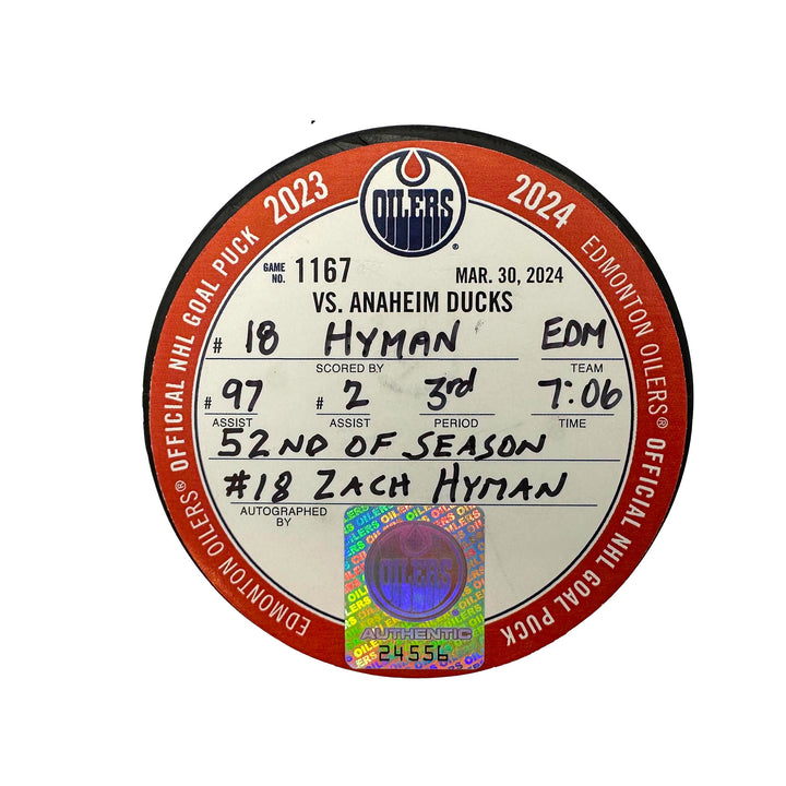 Zach Hyman Edmonton Oilers Autographed Goal Puck - Mar. 30/2024 vs Anaheim Ducks #24556