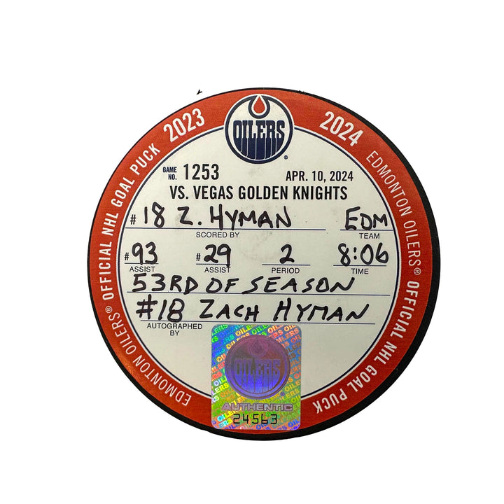 Zach Hyman Edmonton Oilers Autographed Goal Puck - Apr. 10/2024 vs Vegas Golden Knights #24563