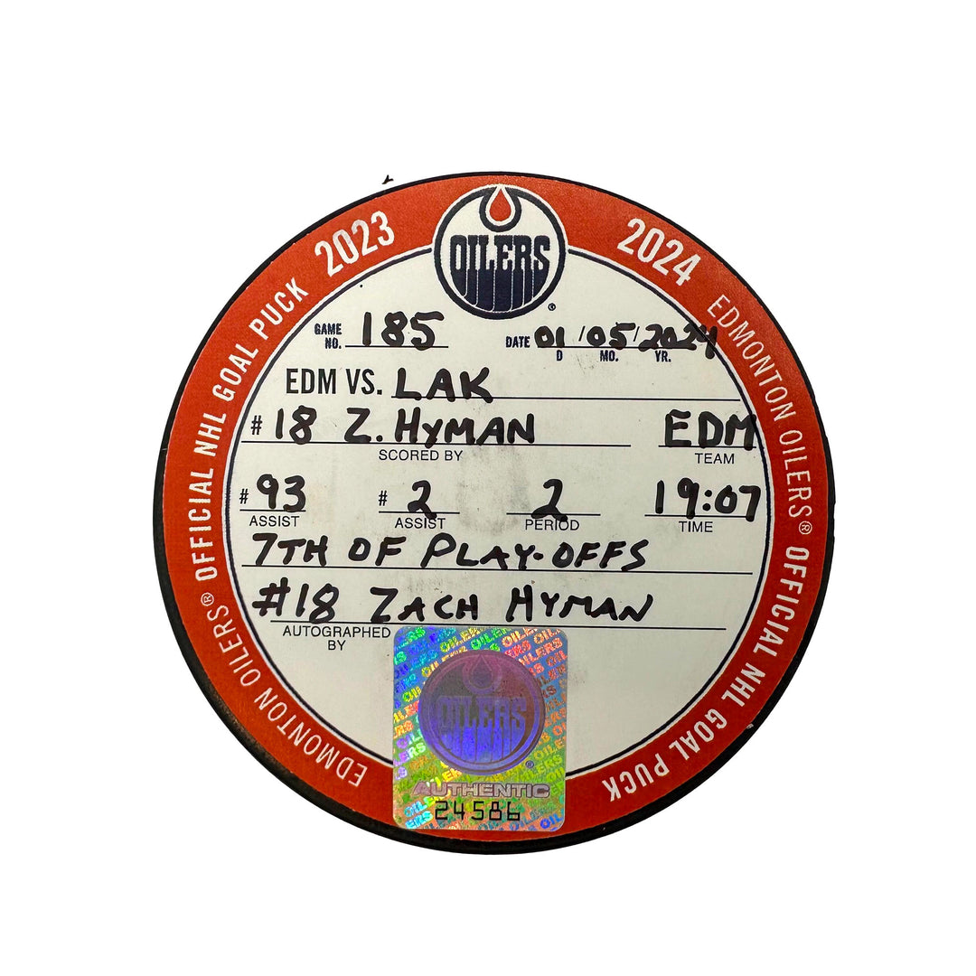 Zach Hyman Edmonton Oilers Autographed Playoff Goal Puck - May. 1/2024 vs Los Angeles Kings #24586