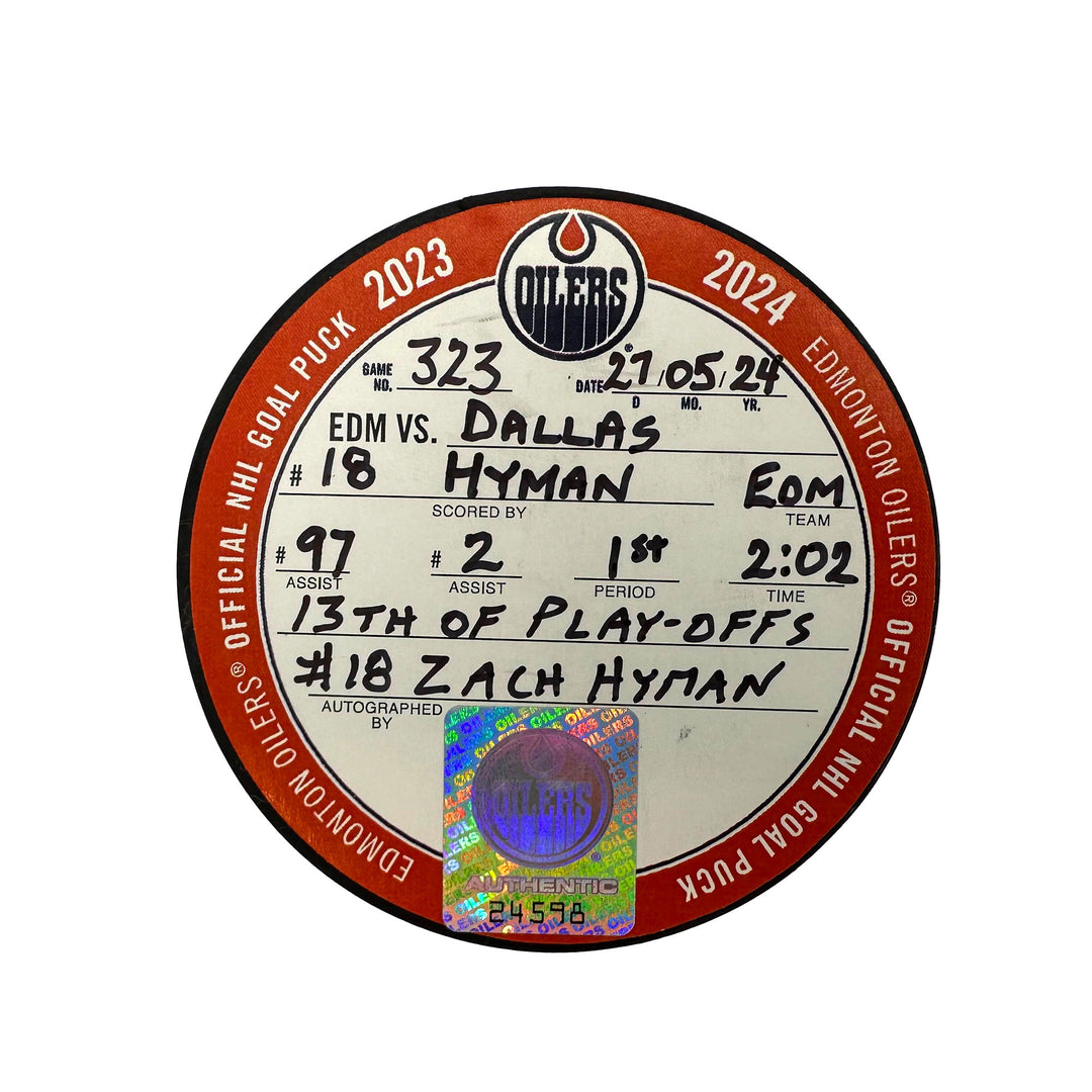 Zach Hyman Edmonton Oilers Autographed Playoff Goal Puck - May. 27/2024 vs Dallas Stars #24598