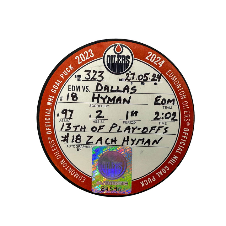 Zach Hyman Edmonton Oilers Autographed Playoff Goal Puck - May. 27/2024 vs Dallas Stars #24598