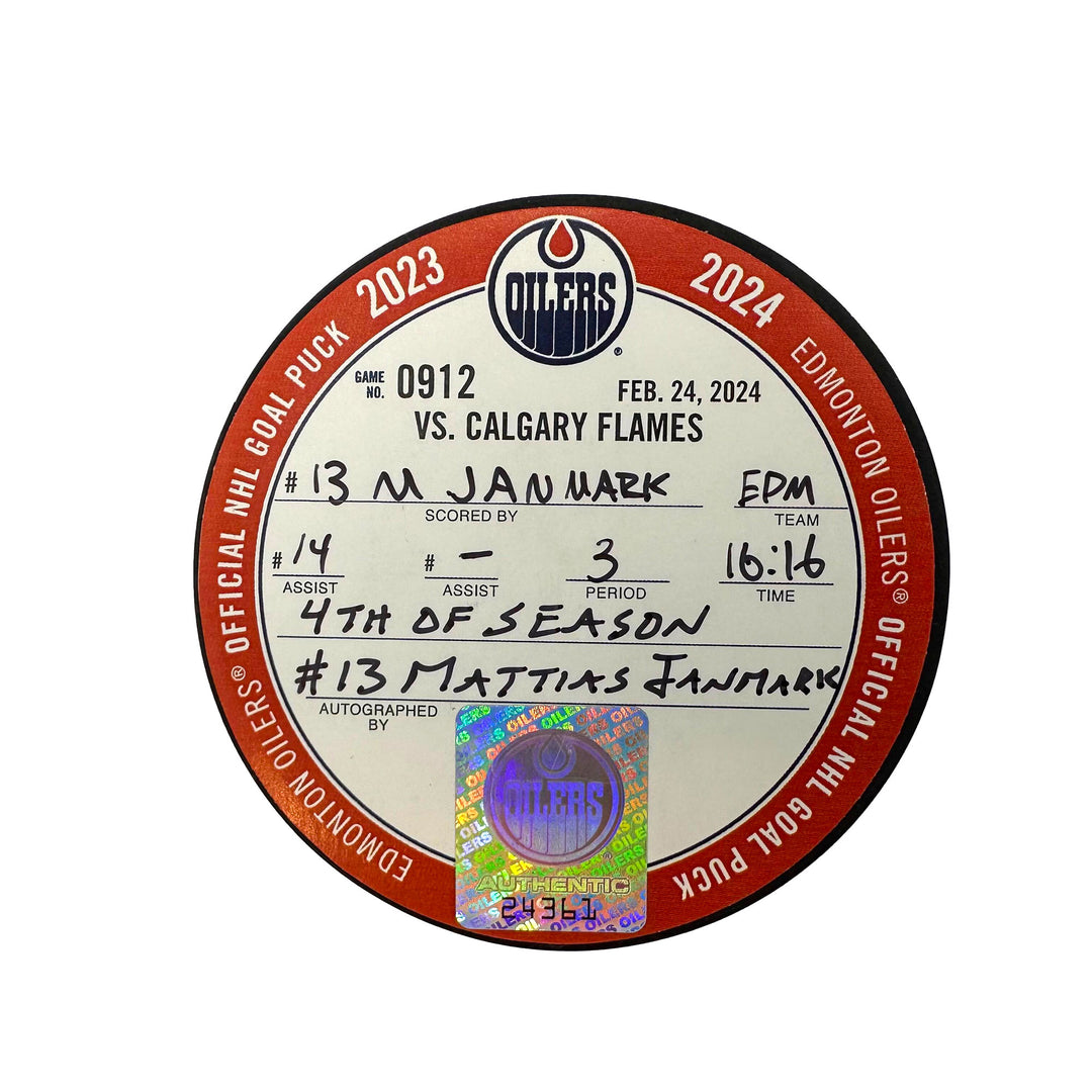 Mattias Janmark Edmonton Oilers Autographed Goal Puck - Feb. 24/2024 vs Calgary Flames #24361