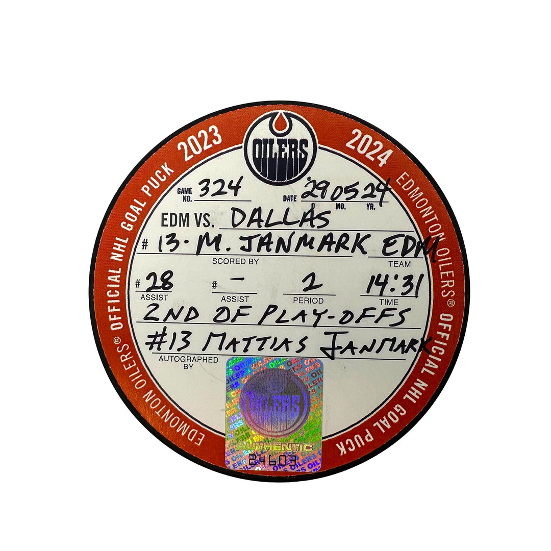 Mattias Janmark Edmonton Oilers Autographed Playoff Goal Puck - May. 29/2024 vs Dallas Stars #24603