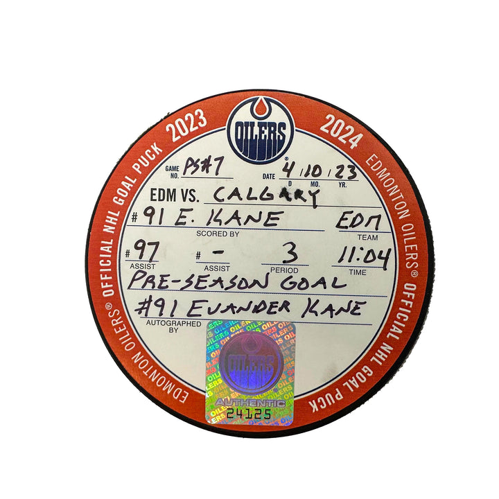 Evander Kane Edmonton Oilers Autographed Preseason Goal Puck - Oct. 4/2023 vs Calgary Flames #24125