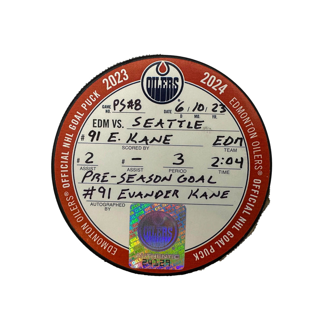 Evander Kane Edmonton Oilers Preseason Goal Puck - Oct. 6/2023 vs Seattle Kraken #24129