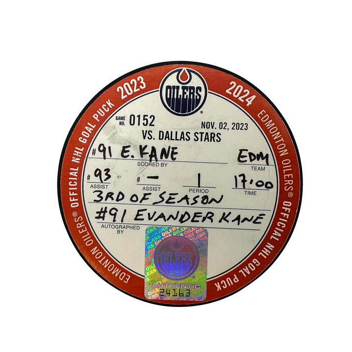 Evander Kane Edmonton Oilers Autographed Goal Puck - Nov. 2/2023 vs Dallas Stars #24163