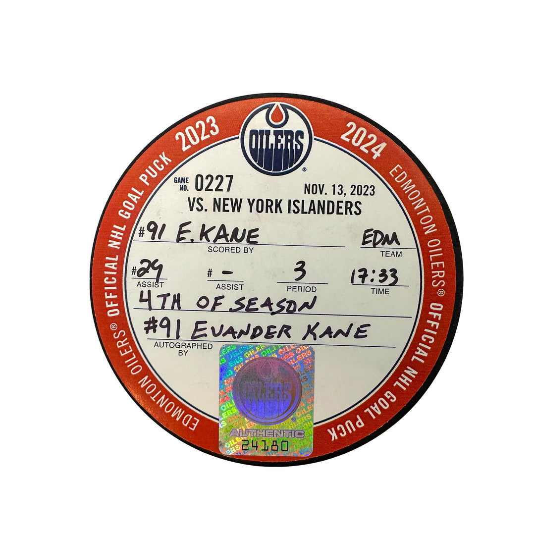 Evander Kane Edmonton Oilers Autographed Goal Puck - Nov. 13/2023 vs New York Islanders #24180