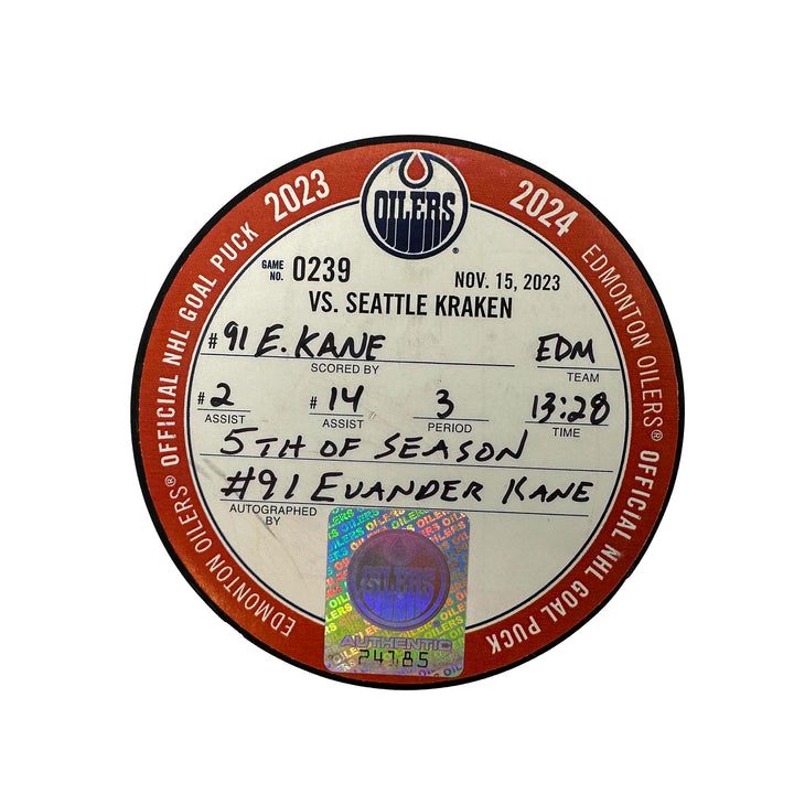 Evander Kane Edmonton Oilers Autographed Goal Puck - Nov. 15/2023 vs Seattle Kraken #24185