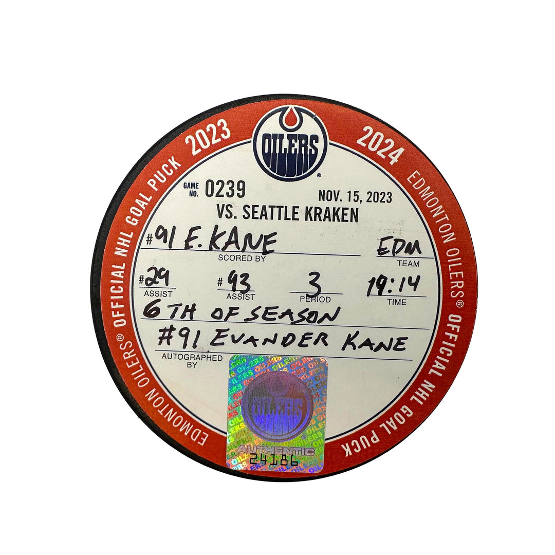 Evander Kane Edmonton Oilers Autographed Goal Puck - Nov. 15/2023 vs Seattle Kraken #24186