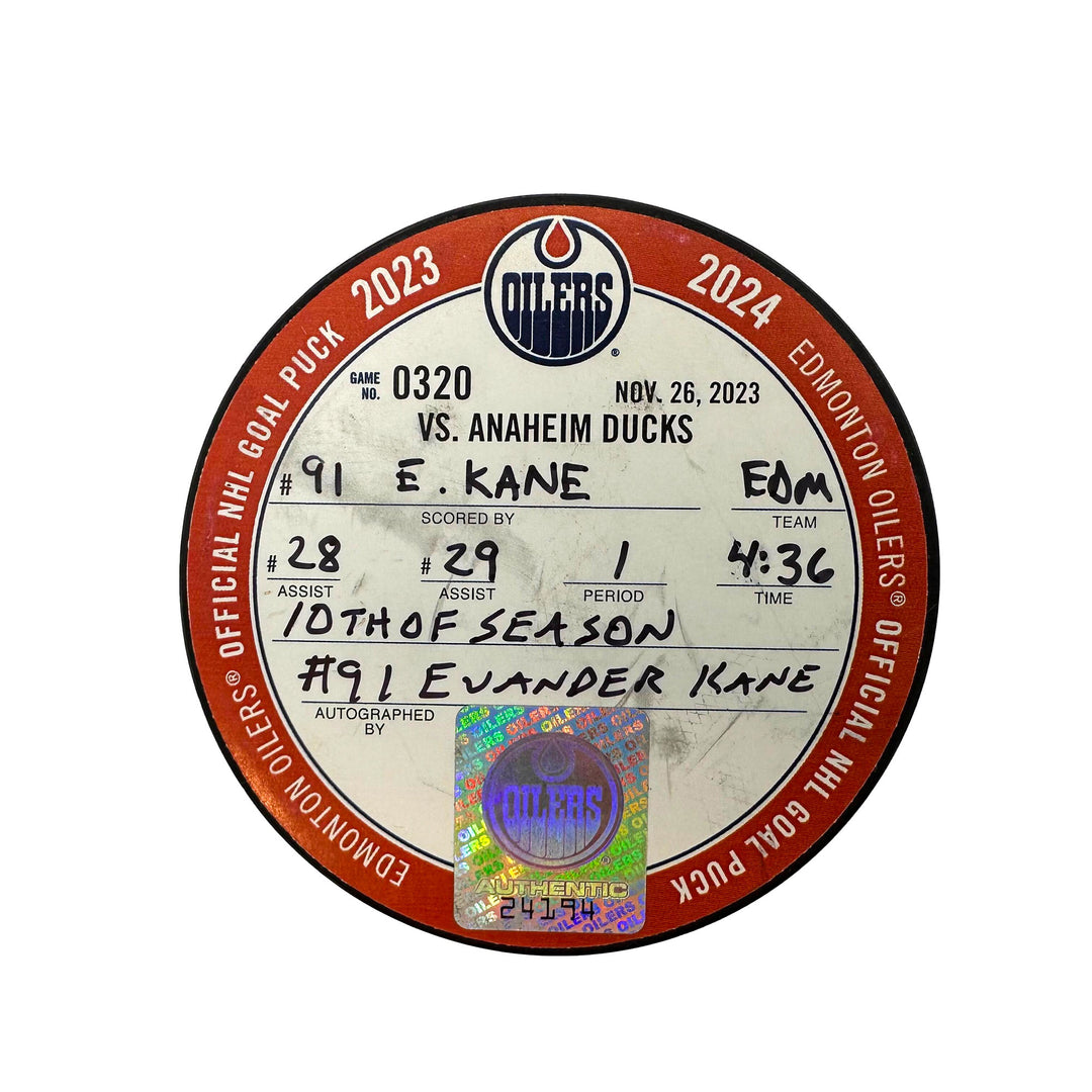 Evander Kane Edmonton Oilers Autographed Goal Puck - Nov. 26/2023 vs Anaheim Ducks #24194