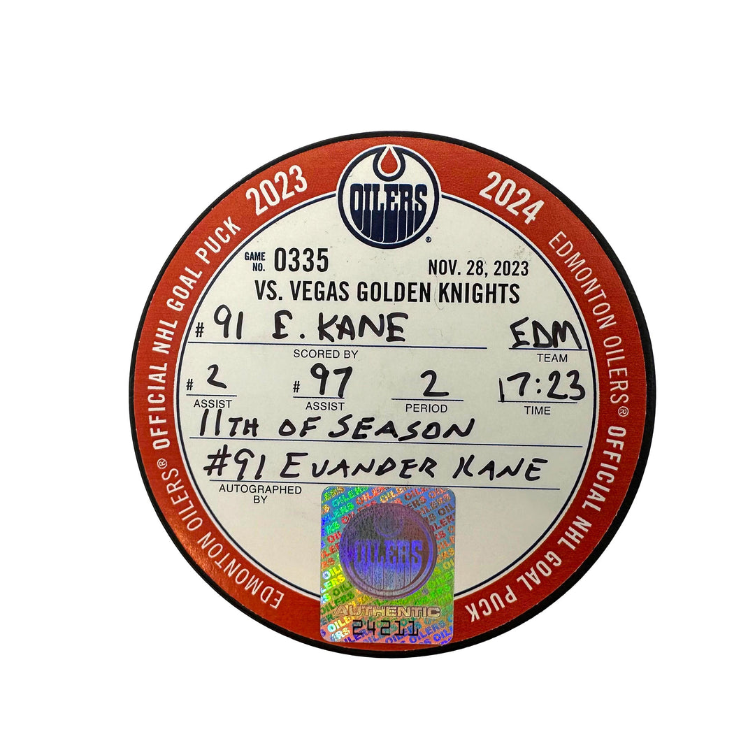 Evander Kane Edmonton Oilers Autographed Goal Puck - Nov. 28/2023 vs Vegas Golden Knights #24211