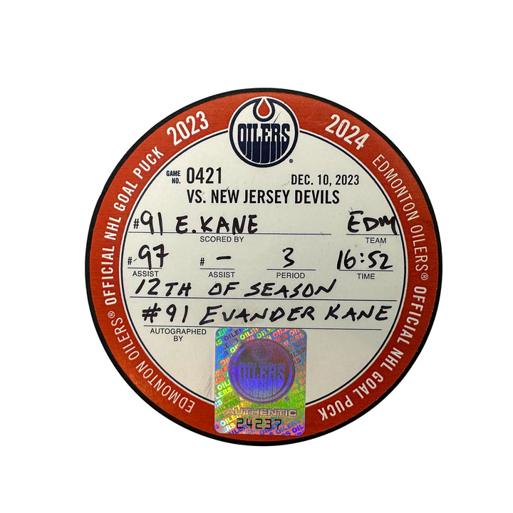 Evander Kane Edmonton Oilers Autographed Goal Puck - Dec. 10/2023 vs New Jersey Devils #24237